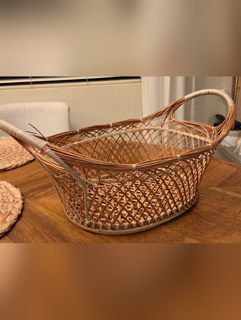 Vintage Hand Woven Natural Fiber Basket Hand Tied Boho Cottagecore 15"